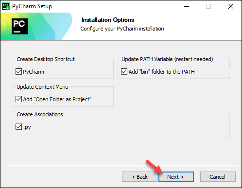 PyCharm setup installation options