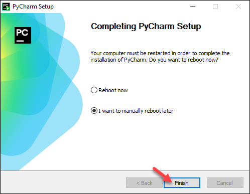 PyCharm setup reboot finish