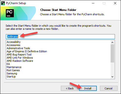 PyCharm setup start menu folder