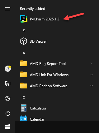 PyCharm start menu