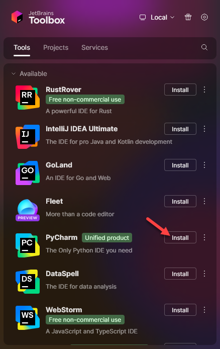 PyCharm unified product install