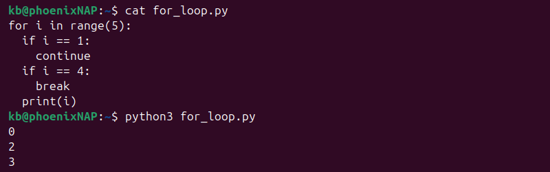 Python for loop break and continue output