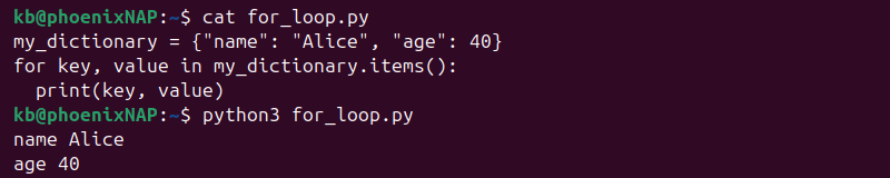 Python for loop dictionary key value output