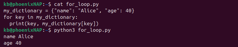 Python for loop dictionary key output