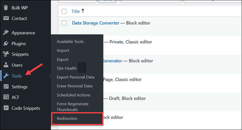 Open the Redirection plugin in WordPress.