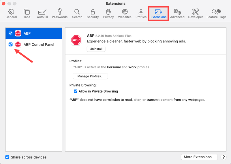 Turning off extension in Safari.