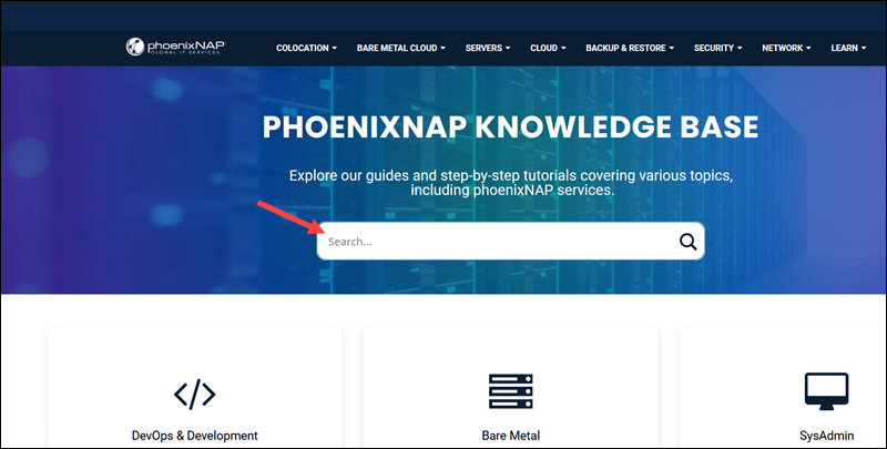 Search bar on the phoenixnap KB page.