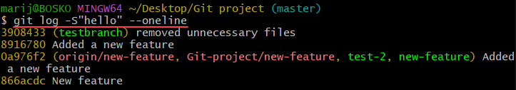 Searching for a specific string in Git commits.