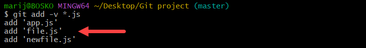 Staging files in Git with the verbose option.
