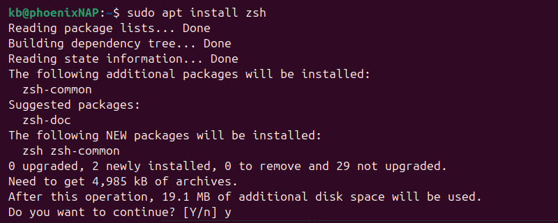 sudo apt install zsh Linux terminal output