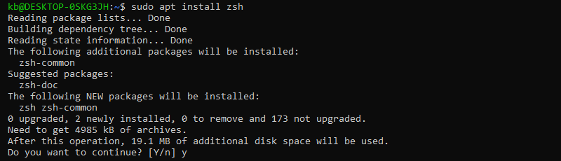 sudo apt install zsh WSL output