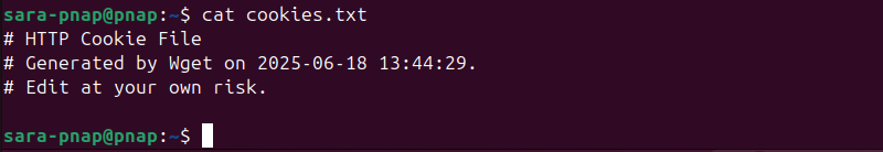 terminal output for cat cookies.txt