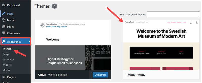 Select default theme in WordPress.