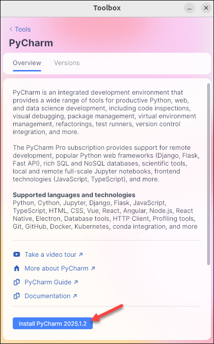 Toolbox app install PyCharm button