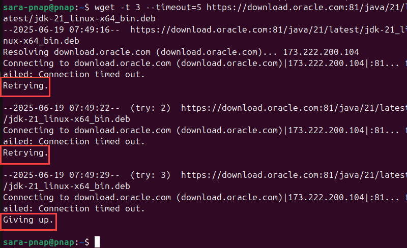 wget -t 3 --timeout=5 https://download.oracle.com:81/java/21/latest/jdk-21_linux-x64_bin.deb terminal output