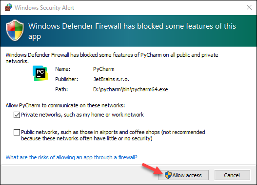 Windows security alert PyCharm access