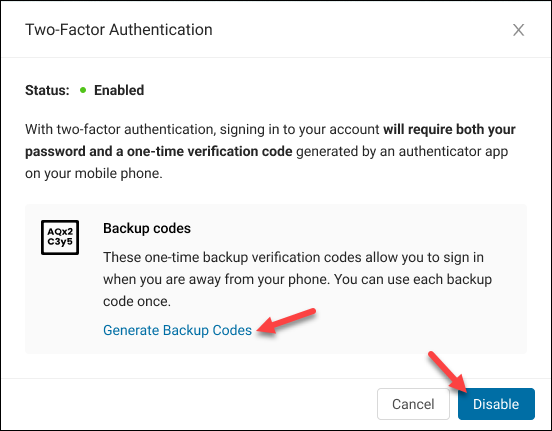Disabling two-factor authentication setting in the BMC portal and the option to generate backup codes.