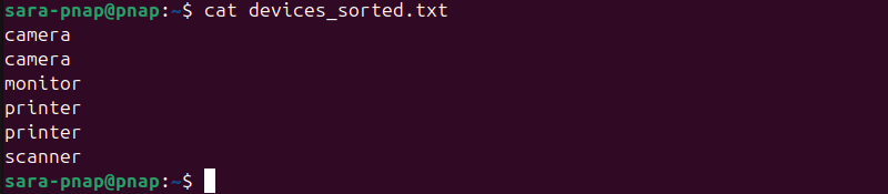 cat devices_sorted.txt terminal output
