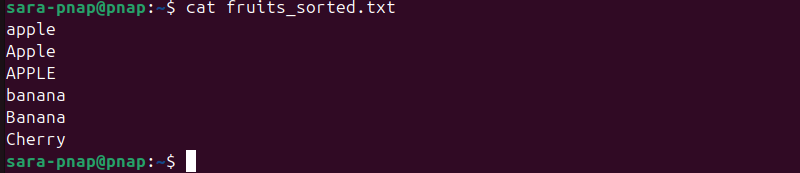 cat fruits_sorted.txt terminal output