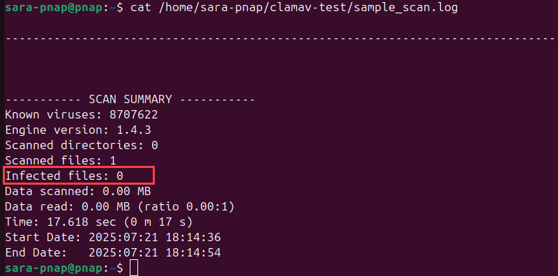 cat /home/sara-pnap/clamav-test/sample_scan.log terminal output