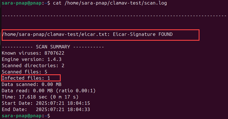 cat /home/sara-pnap/clamav-test/scan.log terminal output
