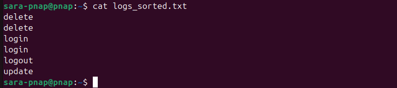 cat logs_sorted.txt terminal output