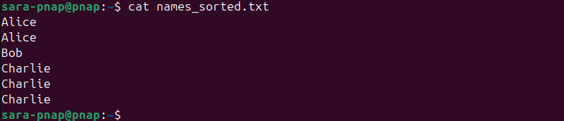 cat names_sorted.txt terminal output