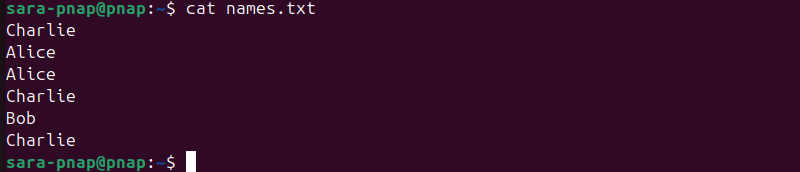 cat names.txt terminal output