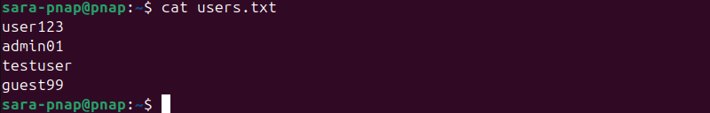 cat users.txt terminal output