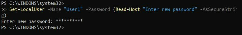 Set-LocalUser -Name "User1" -Password (ConvertTo-SecureString "NewP@ssw0rd" -AsPlainText -Force) cmd output