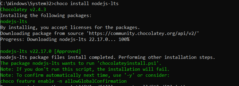 choco install nodejs-lts cmd output