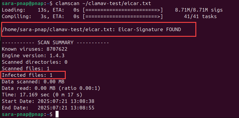 clamscan ~/clamav-test/eicar.txt terminal output