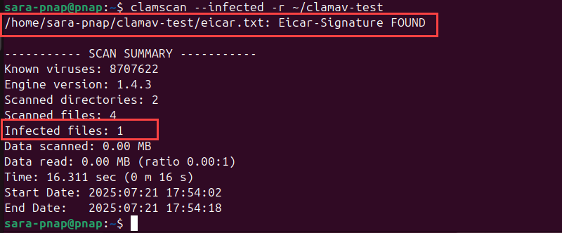 clamscan --infected -r ~/clamav-test terminal output with the infected file