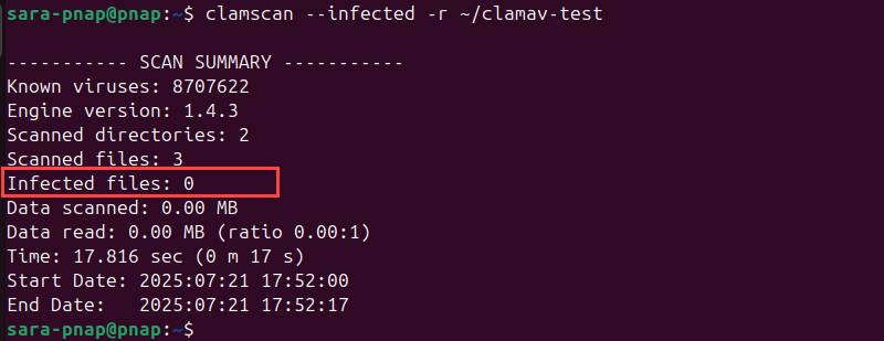 clamscan --infected -r ~/clamav-test terminal output
