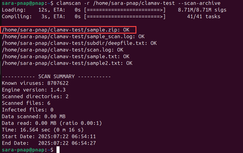 clamscan -r /home/sara-pnap/clamav-test --scan-archive terminal output