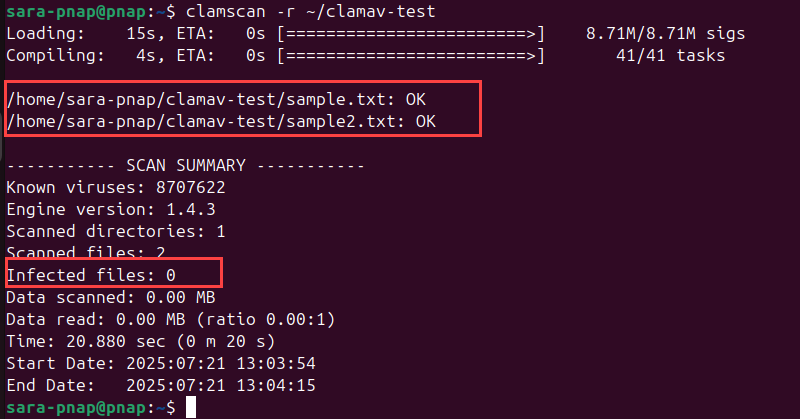 clamscan -r ~/clamav-test terminal output
