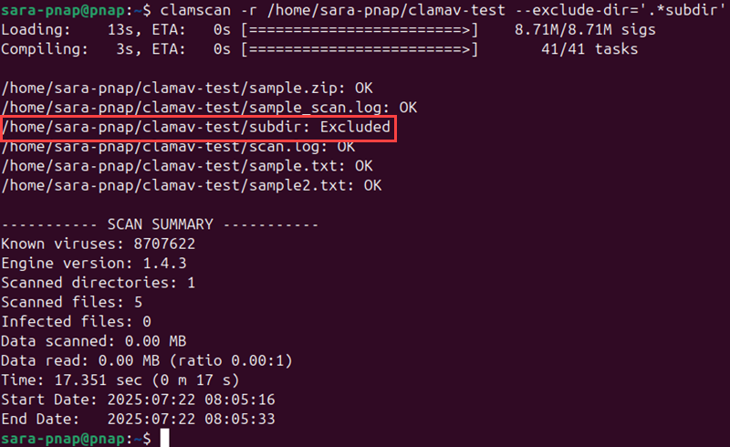 clamscan -r /home/sara-pnap/clamav-test --exclude-dir='.*subdir' terminal output