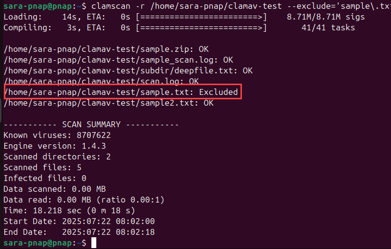 clamscan -r /home/sara-pnap/clamav-test --exclude='sample\.txt' terminal output