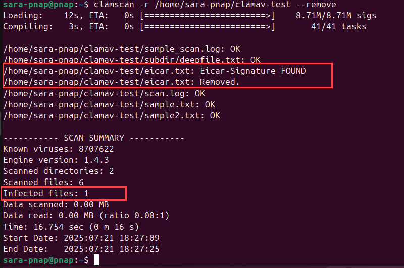 clamscan -r /home/sara-pnap/clamav-test --remove terminal output