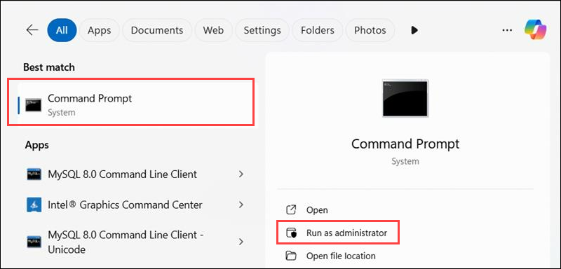 Open Command Prompt as administrator.