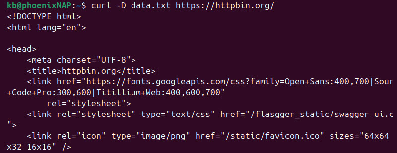 curl -D data file terminal output