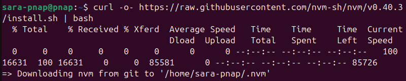 curl -o- https://raw.githubusercontent.com/nvm-sh/nvm/v0.40.3/install.sh | bash terminal output