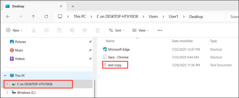 Locate test-copy.txt on the redirected Desktop drive.