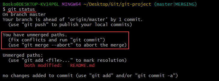 Check git status before aborting a merge.