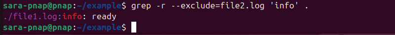 grep -r --exclude=file2.log 'info' . terminal output