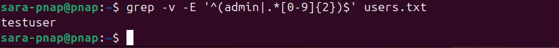 grep -v -E '^(admin|.*[0-9]{2})$' users.txt terminal output