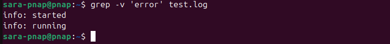 grep -v 'error' test.log terminal output
