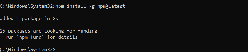 npm install -g npm@latest cmd output
