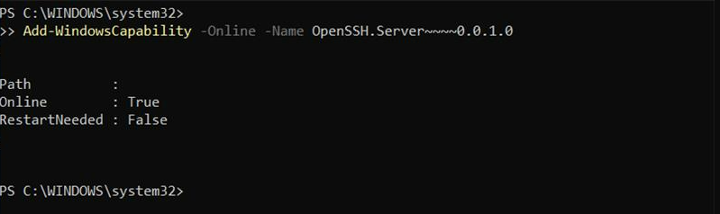 Add-WindowsCapability -Online -Name OpenSSH.Server~~~~0.0.1.0 PowerShell output