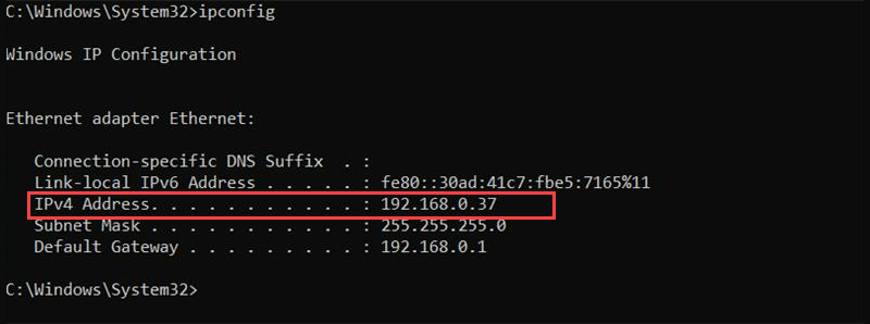ipconfig command prompt output